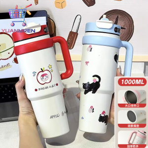 1000มิลลิลิตรที่มีคุณภาพสูงตันไอศครีมถ้วยถ้วยฟางการ์ตูนพิมพ์ถ้วยฉนวนความจุขนาดใหญ่มือถือร้อนและเย็นโดยตรงดื่มถ้วยคู่ฟางซิลิโคนถ้วยด้านล่างหนาน้ำถ้วยทนความร้อน