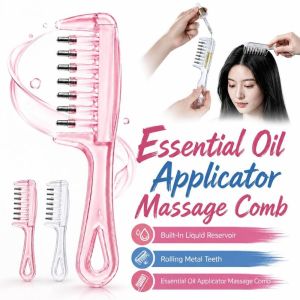 DOOUR 7-Tooth Essential Oil Applicator Massage Comb Transparent Teardrop Shape Liquid Guiding Scalp Massager Comb Practical Rolling Metal Teeth Scalp Applicator Hair Care Tool