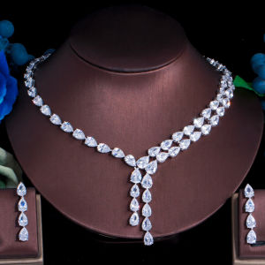 SEQUITO Noble White Gold Color Paved Shinning AAAAA Cubic Zirconia Ceystal Water Drop Long Pendant Dangle Earrings Sets Elegant Brides Wedding Engagement Jewelry Set SJ323