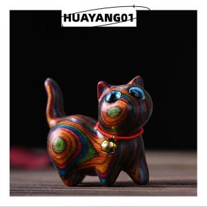 HUAYANG01 [2023 new HOT FASHION] lazlook ไม้สีรุ้งแกะสลักรูปปั้นแมวเครื่องประดับแมวน่ารักตั้งโต๊ะไม้แมวอุปกรณ์สำนักงานบ้านของที่ระลึกการตกแต่งของขวัญ