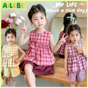 【Local Stock】 Local Stock💌Girls Plaid 2Pcs Set Summer Sleeveless Ruffle Top + Shorts Cute Korean Style Kids Outfit