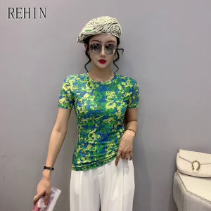 REHIN Womens top Fashion mesh printing short-sleeved round-neck T-shirt Slim thin elegant blouse