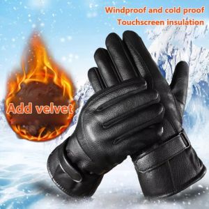 9PPE9LV Adjustable Touch Screen Gloves Cold Wind Thickened PU Leather Gloves  Thermal Fleece Winter Gloves Outdoor Sports