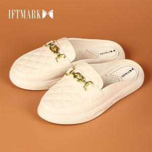 IFTMARK รองเท้าสวมสบาย สไตล์หรูหรา ลายตาราง พร้อมดีเทลโซ่สีทอง มีหลายสีให้เลือก