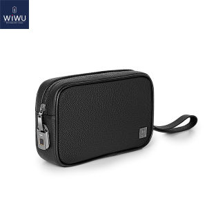 WIWU Genuine Leather Storage Bag Waterproof Wrist Bag with Anti-theft Fingerprint Lock Pouch Larger Capacity to Storage More Accessories Travel Business Bag for Men