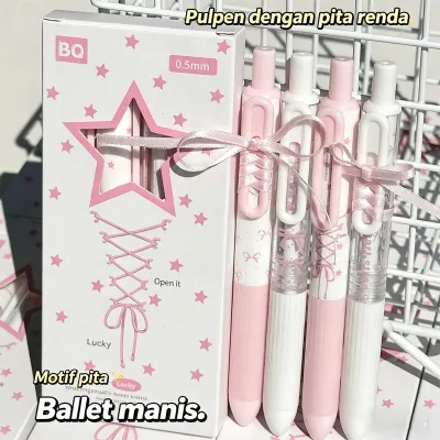 COD 4pcs/set Pulpen Tali Ballet Pulpen Gel Aesthetic Pen 0.5mm Pena Retractable Lucu School Stuff Alat Tulis Untuk Sekolah Dan Kantor