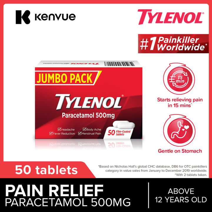 Tylenol Paracetamol 500mg 50 Film-Coated Tablets