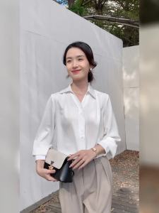 AMMIN 2025 Autumn New Simple Lapel White Commuter Chiffon Blouse for Women Korean Style Fashion Single-Breasted Design Casual Long Sleeve Elegant Blouse
