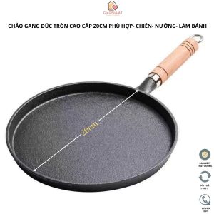 Chảo gang đúc nguyên khối cao cấp đường kính 20cm chống dính tự nhiền phù hợp Chiên rán Đổ bánh xèo Nướng bò bít tết