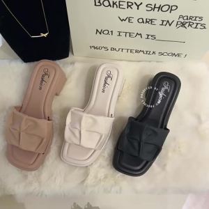 Leather Pleated Comfortable Strap High-Heel Outdoor Slippers With Chunky Heel For Women