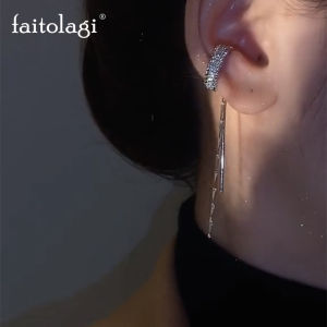 Long Tassel Zircon Ear Cuff Clip Earring C Shape Crystal Ear Clip No Piercing Earrings Luxury Rhinestones Women Party Wedding Jewelry Gift