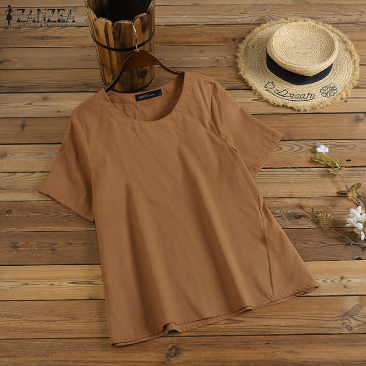 Esolo%20ZANZEA%20Womens%20Casual%20Short%20Sleeve%20Blouse%20Cotton%20Linen%20Shirts%20Plain%20School%20Beach%20Loose%20Tops%20#2%20-%20Image%206