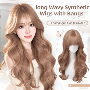 BEAUTYLADIES Golden Long Champagne Blonde Wigs Natural Fake Hair Synthetic Wigs with Bangs Full Head Cover Breathable Cosplay Lolita Party Hair for Women