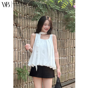 Áo babydoll nữ Woman Basic 2 dây đũi vân mây form bí dáng suông rộng kèm dây lụa điệu đà AB03