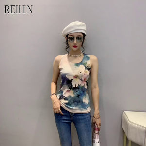 REHIN Áo Nữ Áo Thun Không Tay In Dập Vàng Họa Tiết Độc Đáo Áo Cánh Ba Lỗ Mới Mùa Hè 2022 Áo Lót Ôm Sát S-3XL
