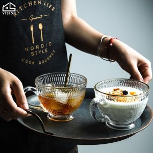 Vision Nordic Retro Gold Rimmed Glass Office Coffee Tea Cup Household Coffee Milk Cup With Handle Large Capacity Oat Cup Transparent Breakfast Drink Cup