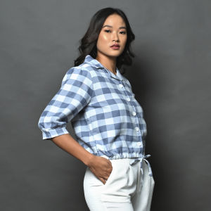 QUEENTIN Kemeja Casual Wanita 0186 Katun Semi Flanel Motif Kotak Gingham Lengan Pendek 3/4