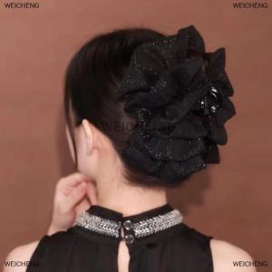 [COD] WEICHENG Fashion Women Seersucker Clip Black Bowknot Hair Grab Hair Bow Shark Clip Mesh Bubble Grabber Girl Headwear