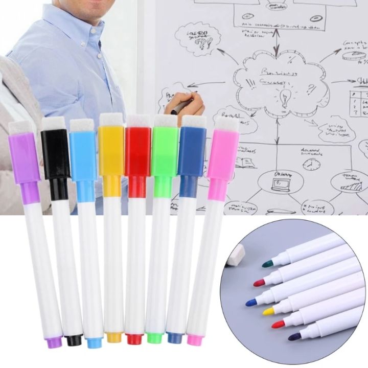 [Leslye] 8Pcs Set Colorful Color Ink White Board Marker With Eraser  Magnetic Dry Wipe Pens Wet Erase Markers With Eraser Cap Low Odor Fine  Tip