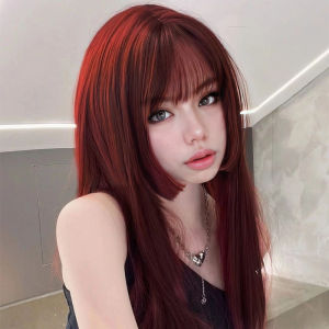 New Fashion Wine Red Long Straight Wig With Bangs And Hair Accessories For Women