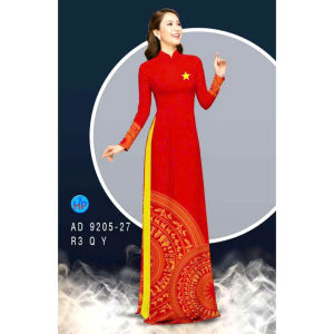 Áo dài họa tiết trống đồng sao nhí ngực trái
