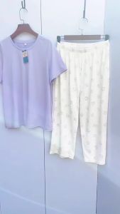 夏天女式家居服套装圆领短袖七分裤宽松大版睡衣棉混薄款