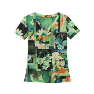 REHIN Womens top Summer new fashion mesh printing short-sleeved T-shirt V-neck slim and thin elegant blouse