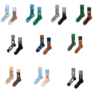 Womens Cute Animal Pattern AB Styles Asymmetric Crew Socks Novelty Funny Middle Tube Cotton Socks for Casual and Party