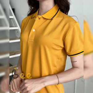 Áo thun nữ POLO BEE cổ trụ tay ngắn phối 1 sọc basic màu xanh đen trơn vải cá sấu cao cấp công sở