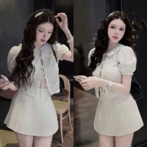 MK_ Set đồ nữ thiết kế đi tiệc set đi biển chân váy ngắn chữ A kèm áo Ren tay ngắn búp cột dây mặc hè