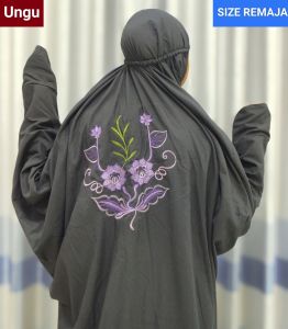 Mukena Terusan Remaja Tanggung Bahan Katun Polino Kain Dasar Warna Hitam Motif Bunga Kincir Cantik Indah