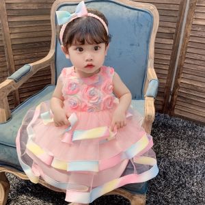 Baby Kids Girl Summer new girls dress little child Princess dress Rainbow Princess dress Colorful cake puffy dresses Birthday Gown