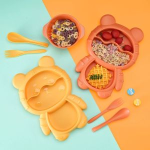 4Pcs Baby Feeding Set Bear Shaped Cartoon Bowl Plate Feeding Essential Set with Spoon Forks for Kids