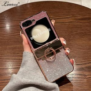 Luxury Glitter Diamond Bracket Case for Samsung Galaxy Z Flip 6 5 4 3 7 8 Ring Holder Stand Gradient Plating Bling Hard Cover