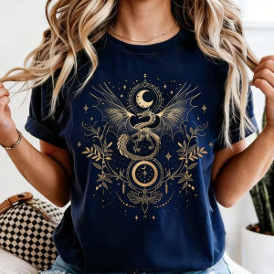 [Local Stock] HBESTY  Celestial Dragon Moon Phase T-Shirt Witchy Boho Floral Tee Gothic Style Women Fashion Casual Tshirt Retro Design Printed Tops