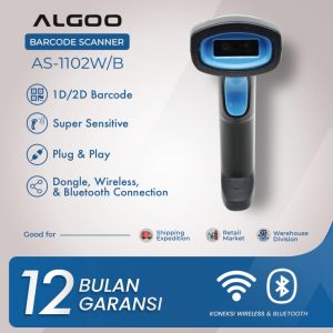 ALGOO AS-1102B Scanner Barcode Wireless Bluetooth 1D/2D - Sensor Cahaya Cerdas dengan Free Stand Holder