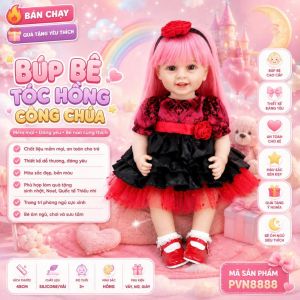 👸 Búp Bê Công Chúa Mắt Tít 6 Răng Tóc Dài Tóc Hồng NPK 55 Cm = 22 Inch Reborn Vinyl Doll PVN10028