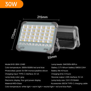 Solar Floodlight 20W/30W Ip66 Waterproof Smd 2835 White/Warm/Natural/Red and Blue Flash Ligtht Solar Charging Mobile Power Battery Flood Light/Sports Light/Outdoor Light