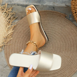 New Summer Square-Toed Large-Size Flat Sandals For Women Simple Solid Color Slide Sandals Slper