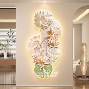 Tranh treo tường đèn led cá và hoa sen 28 trang trí decor phòng khác quà tặng tân gia
