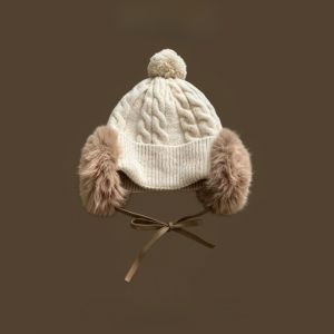 YIYIUR Faux Fur Ear Flaps Cable Knit Trapper Hat Thick Warm Lining Large Head Circumference Pom Pom Knit Hat Stylish Face Slimming Design Faux Fur Beanie Cold Weather Wear