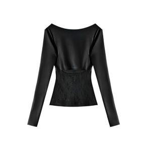 เสื้อแขนยาว สี ดำ เปิดหลังลูกไม้ คอสี่เหลี่ยม/คอปาด ผ้าฟลีซ เข้ารูป สไตล์ ปาร์ตี้ #501