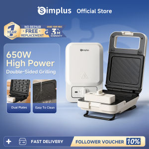Simplus Sandwich & Waffle Maker  Interchangeable Deep Baking Plates  Timer Function  650W Dual-Sided Heating SMZJ007