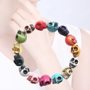Colorful Skull Bracelet for Girls Women Gothic Prayer Bead Linked Elastic Bracelet Charm Decoration
