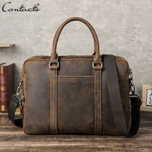 CONTACTS Genuine Leather Vintage Men Briefcase Laptop Bag for Male Large Capacity for 14.2 inch Business Handbag