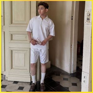 Bộ quần áo nam nữ thể thao SUN 07 Trắng Gạo chất poly áo polo mềm mại quần form suông dễ phối đồ