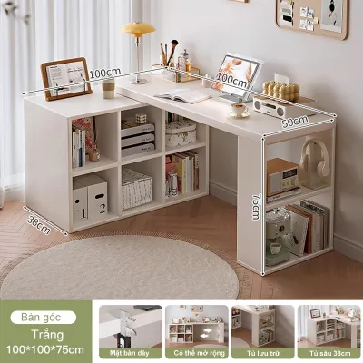 BMZAR Bàn làm việc góc chữ L Bàn học kèm kệ sách Bàn máy tủ sách thông minh tiết kiệm diện tích
