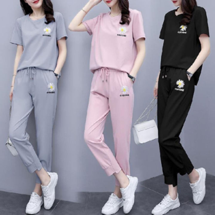 Summer New Casual Sports Suit Sportswear Set Tracksuit Women Ladies Short  Sleeve T Shirt +long Pants Sets Loose Korean Style Fashion Suit Female