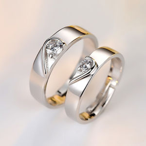2pcs Diamond Heart Ring Couple Valentine Rings Adjustable Zircon Ring Promise Engagement Rings