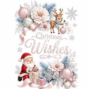 SR2N Pink Merry Christmas Window Sticker Static Cartoon Santa Deer Shopwindow Decorative Sticker Creative Xmas Tree Glass Cling Decals Christmas Season